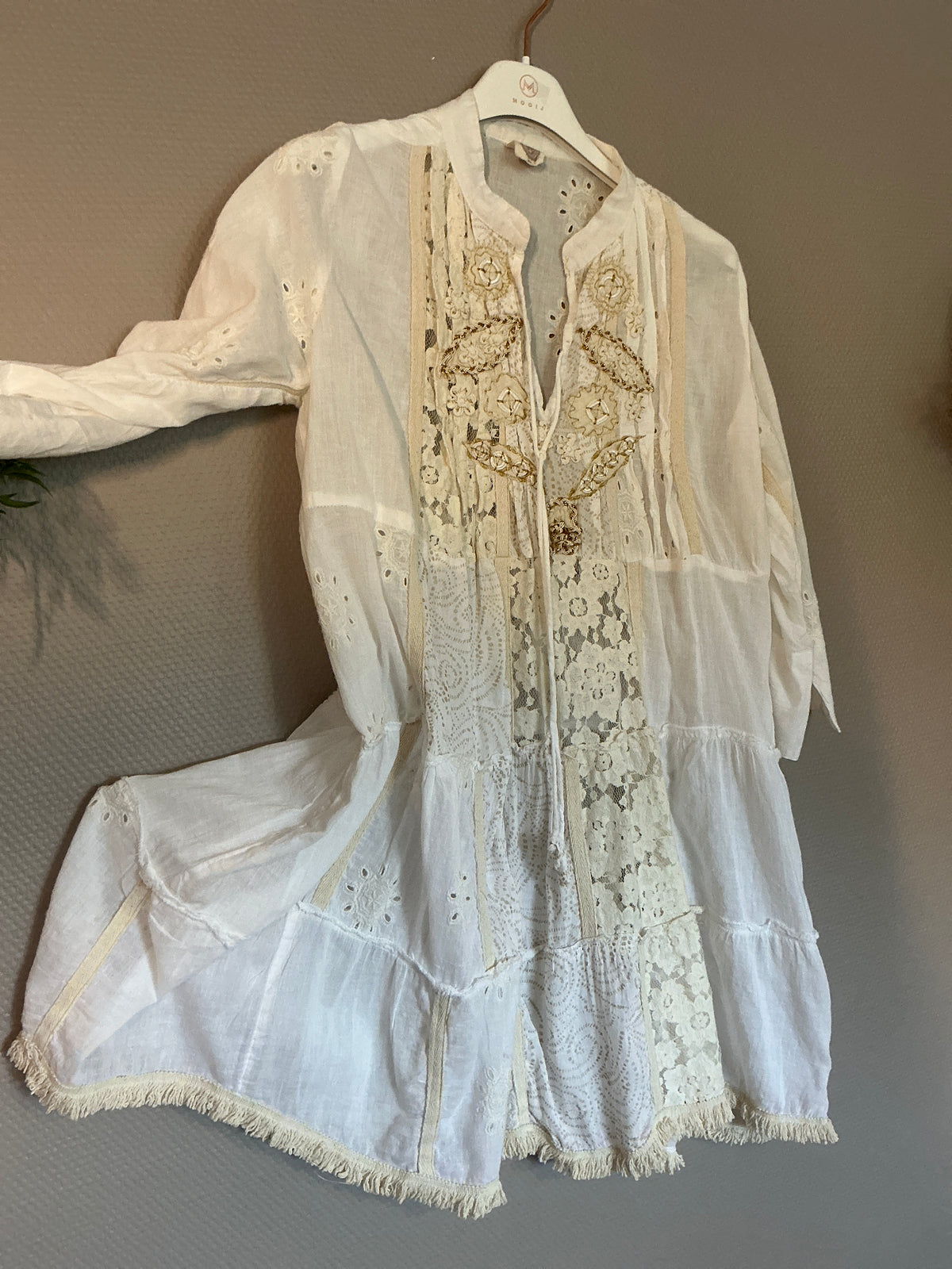 Boho-Bluse Amalfi – Weiß Gold/Creme