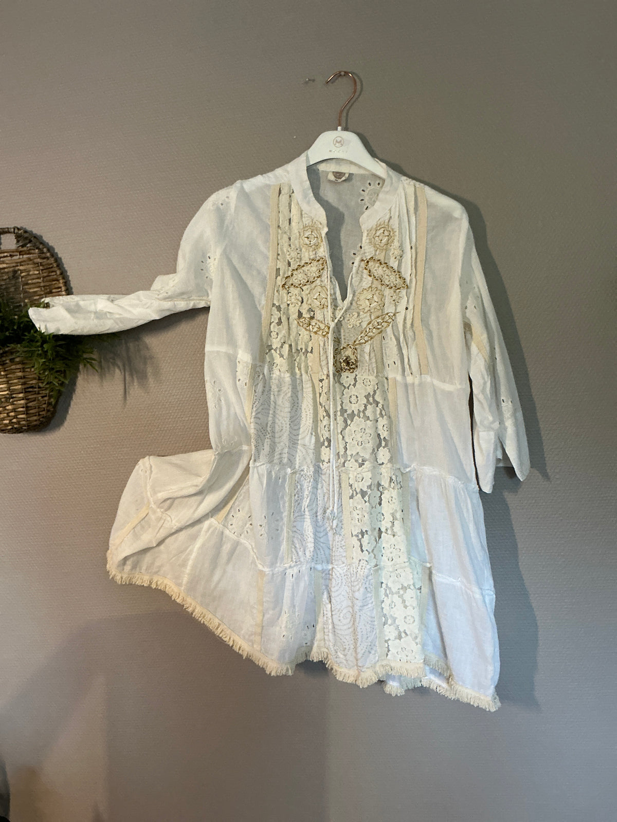 Boho-Bluse Amalfi – Weiß Gold/Creme